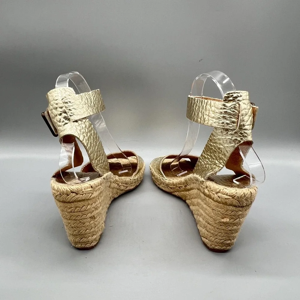 J Crew Sandals Womens 7 Gold Leather Espadrille Ankle Strap High Wedge Shoes